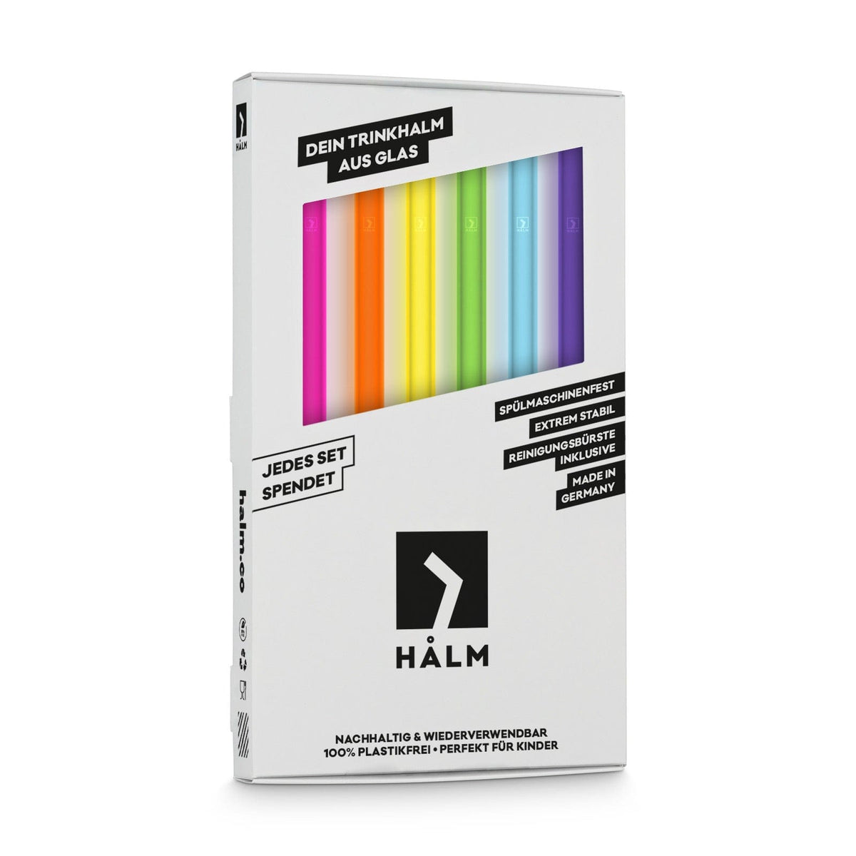 Wiederverwendbare bunte HALM Glasstrohhalme im 6er-Set in der Verpackung präsentiert.