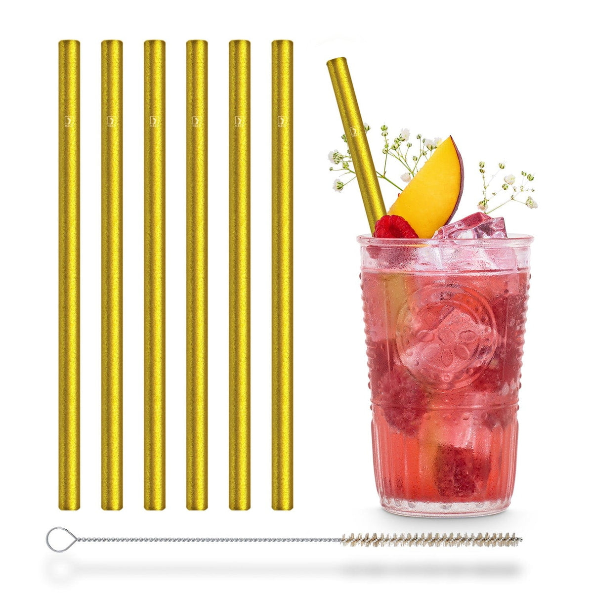 Wiederverwendbare goldene Glasstrohhalme von HALM in Gläsern mit Raspberry Spritz Cocktail serviert.