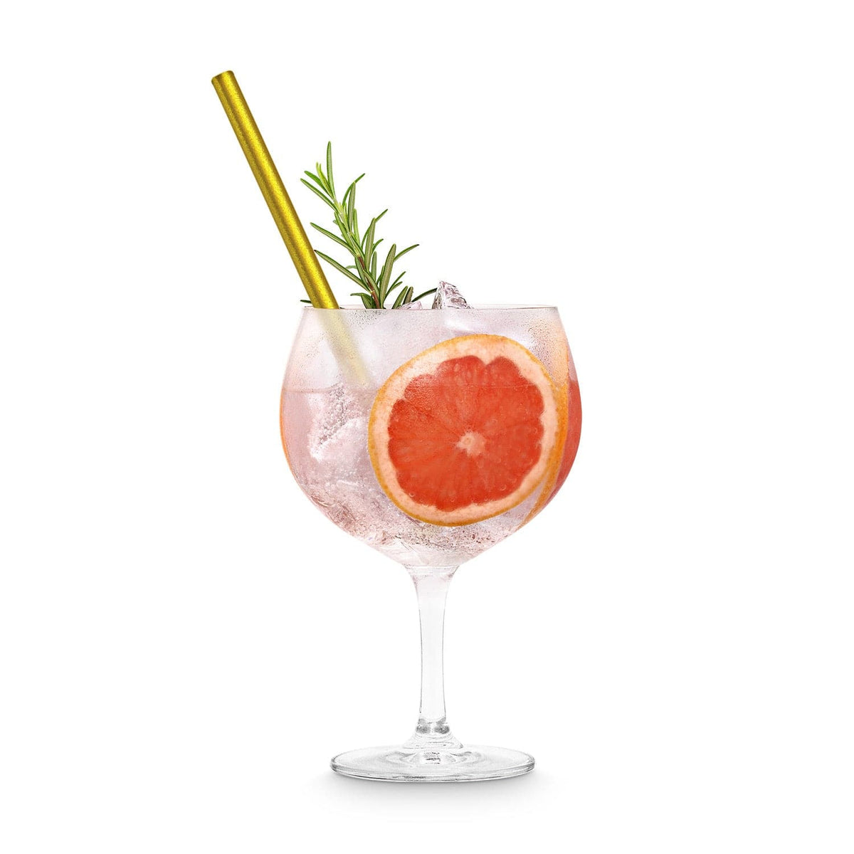 Un refrescante gin tonic de pomelo servido con una pajita de cristal dorada HALM: la opción ideal para pajitas de cristal sostenibles y reutilizables.