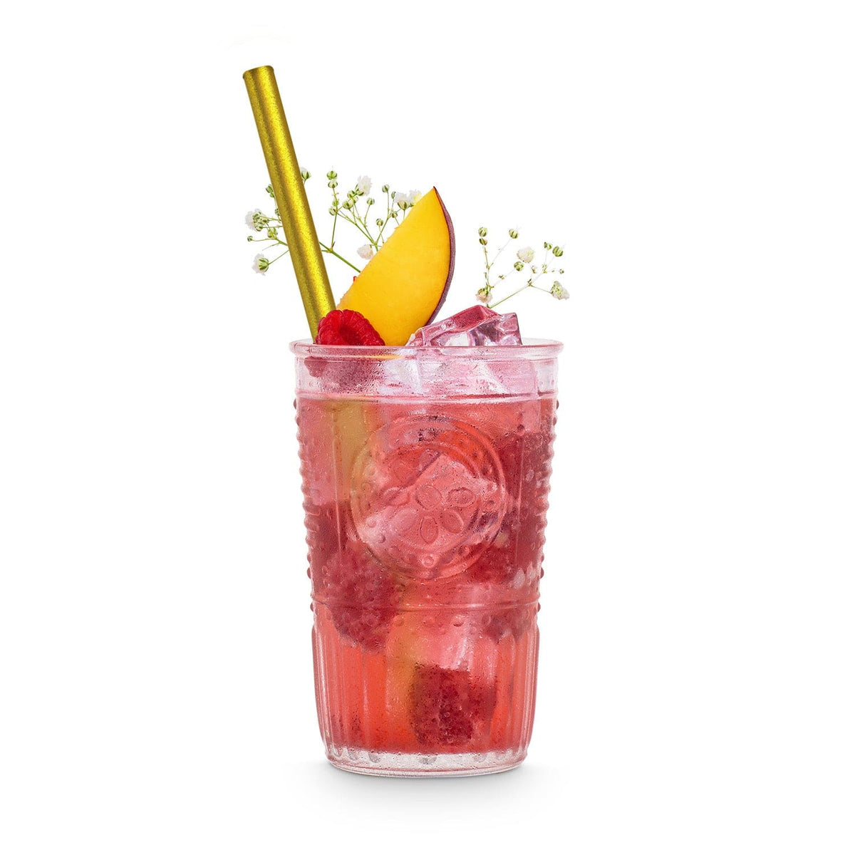 Pajitas de vidrio reutilizables HALM en los colores Raspberry y Peach en un vaso con un cóctel spritz y cubitos de hielo.
