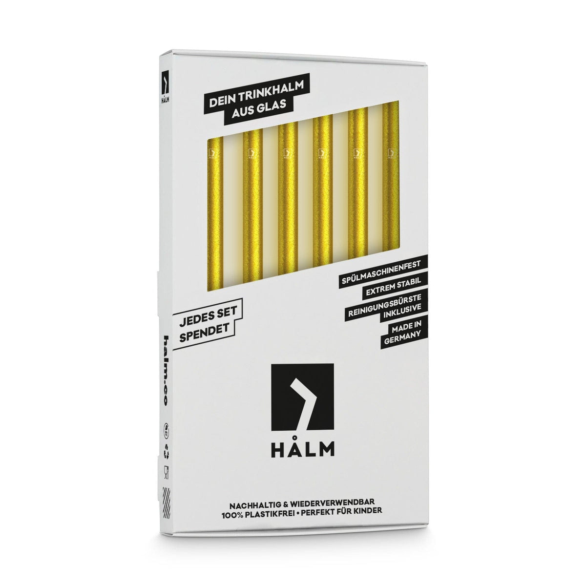 Sechs goldene wiederverwendbare HALM Glasstrohhalme (20 cm) in einer Schrägansicht mit Verpackung präsentiert.
