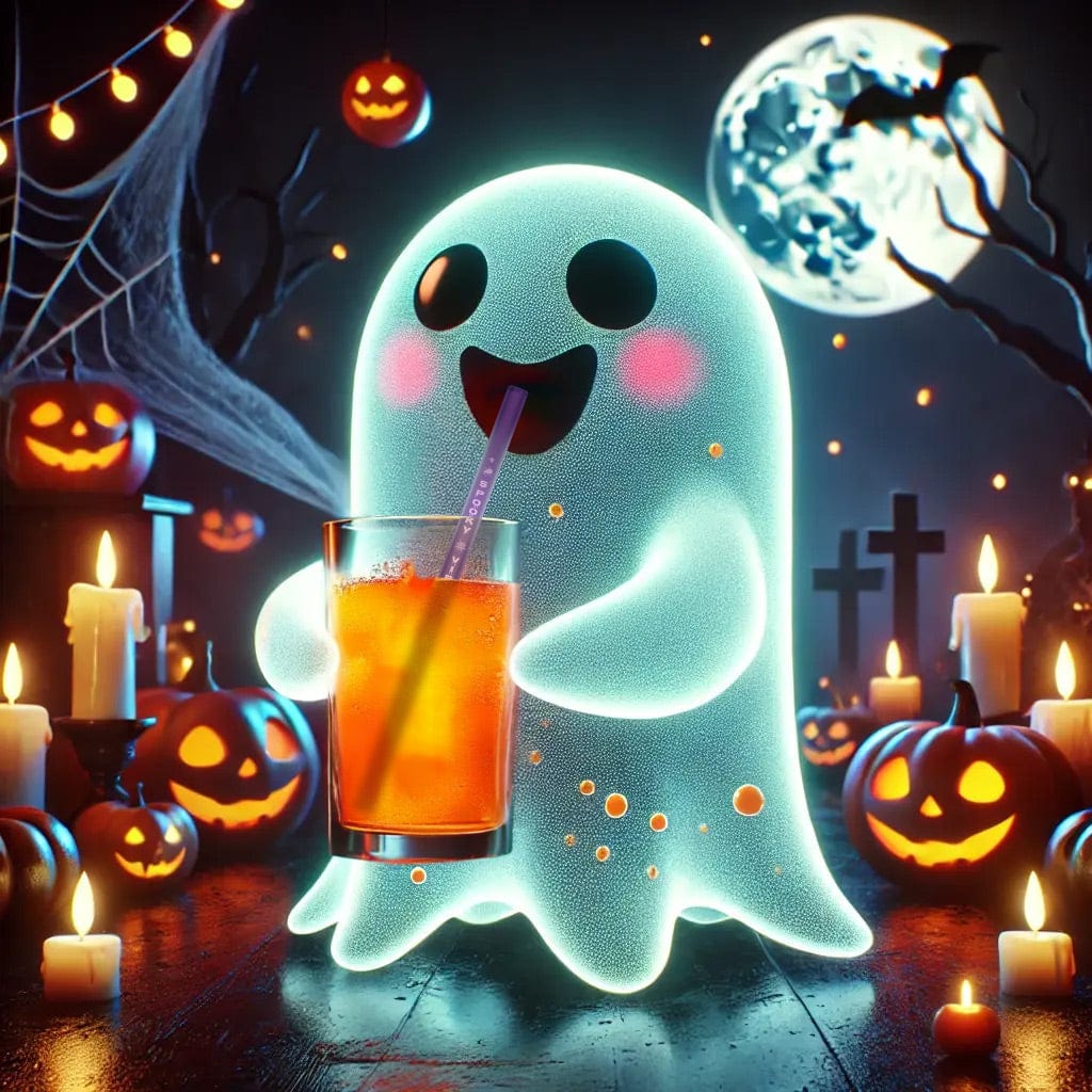 Un motif d’Halloween effrayant avec un fantôme à côté d’une bouteille et de pailles en verre HALM réutilisables.