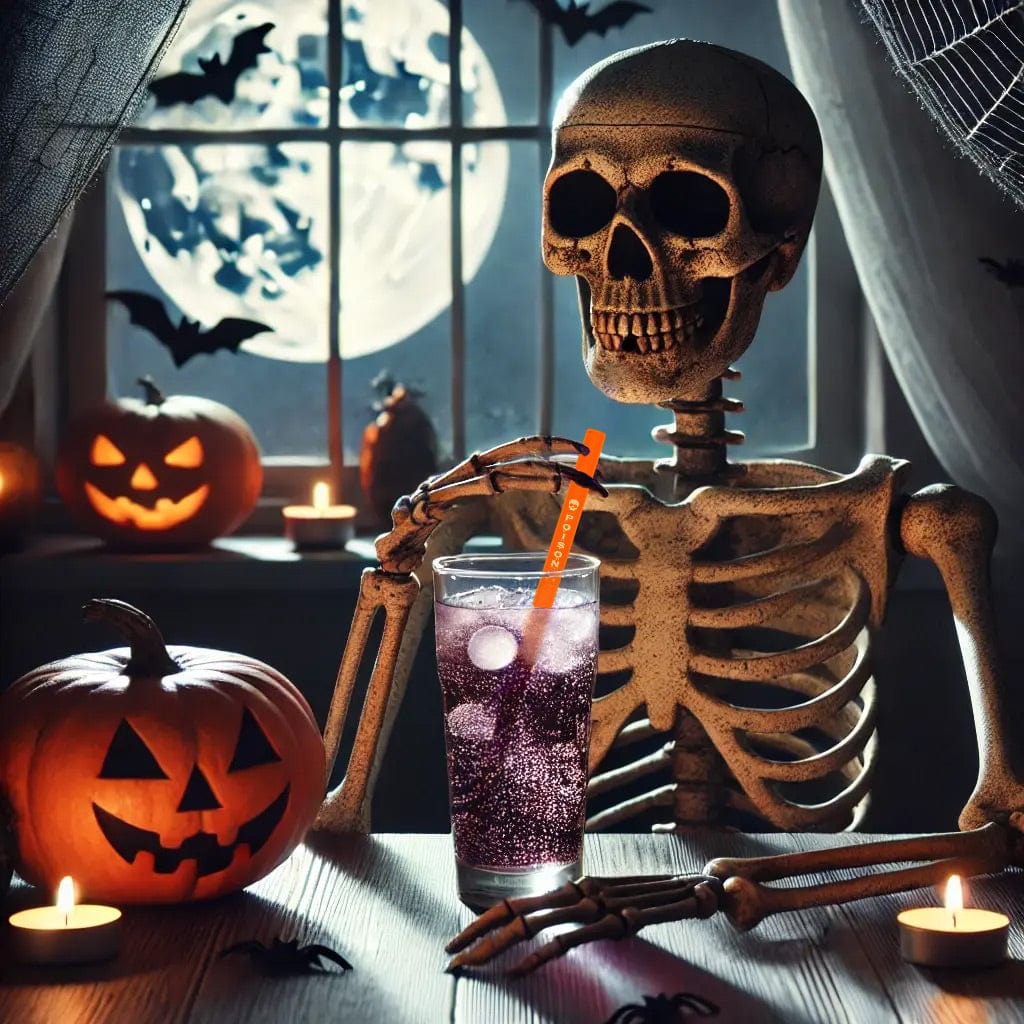 Pailles en verre HALM réutilisables dans un décor d’Halloween automnal avec un squelette et des citrouilles.