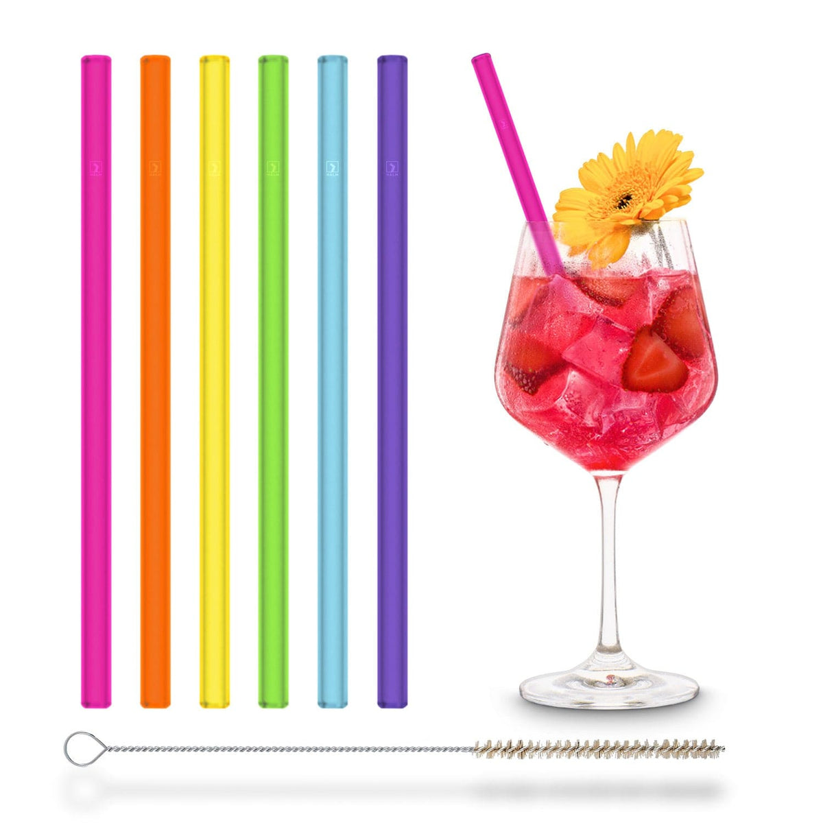 Une boisson Lillet Pink rafraîchissante avec des pailles en verre néon colorées de HALM, durables et réutilisables.