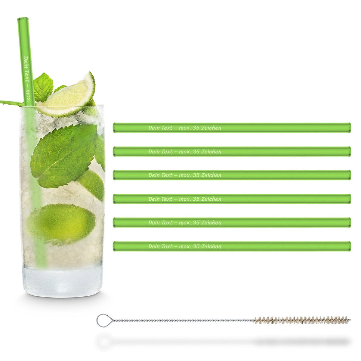 HALM Glasstrohhalme in Neongrün 6er Set wiederverwendbar mit Reinigungsbürste neben einem Mojito Cocktail