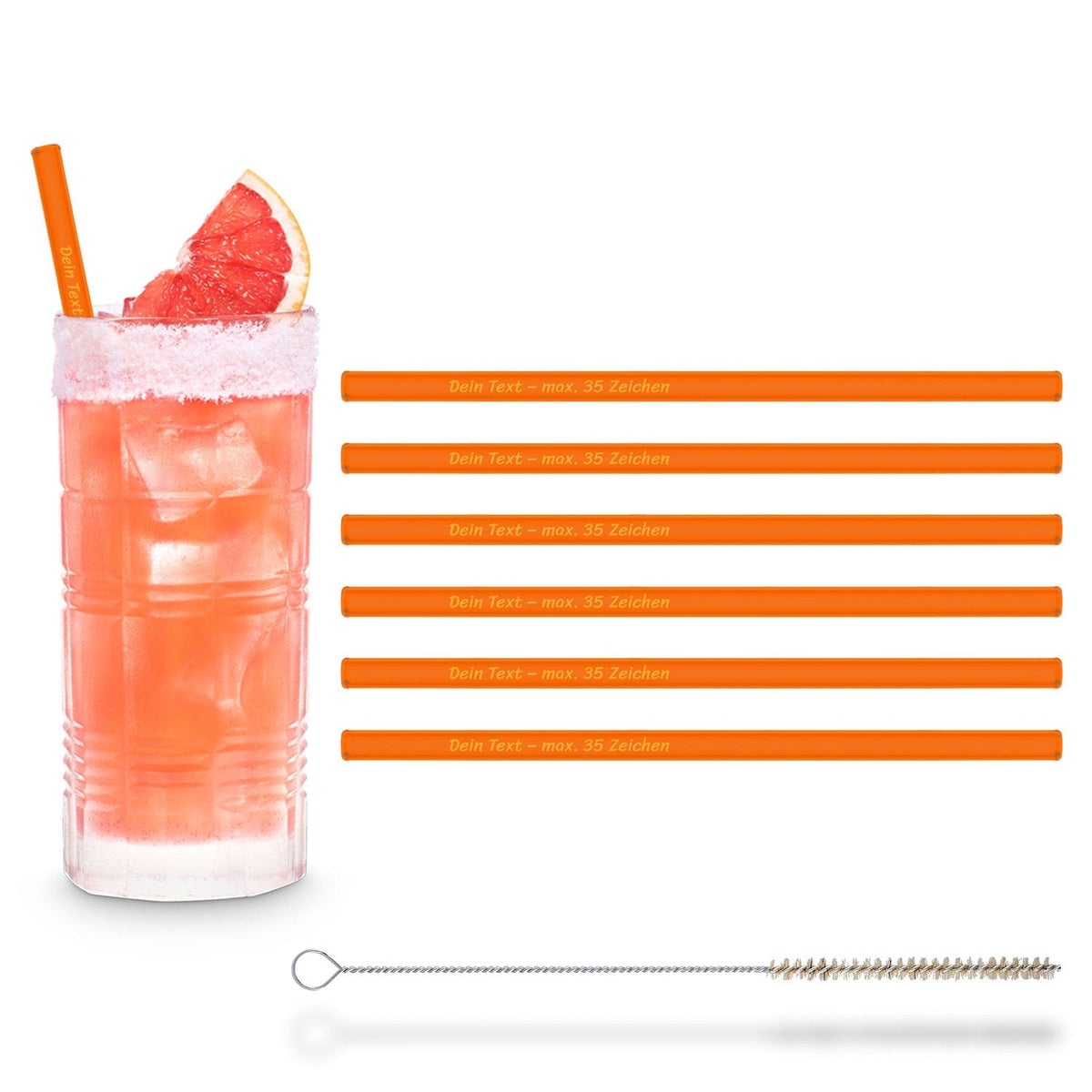 Wiederverwendbare HALM Glasstrohhalme in Neon-Orange in einem Pink Paloma Cocktail mit Reinigungsbürste