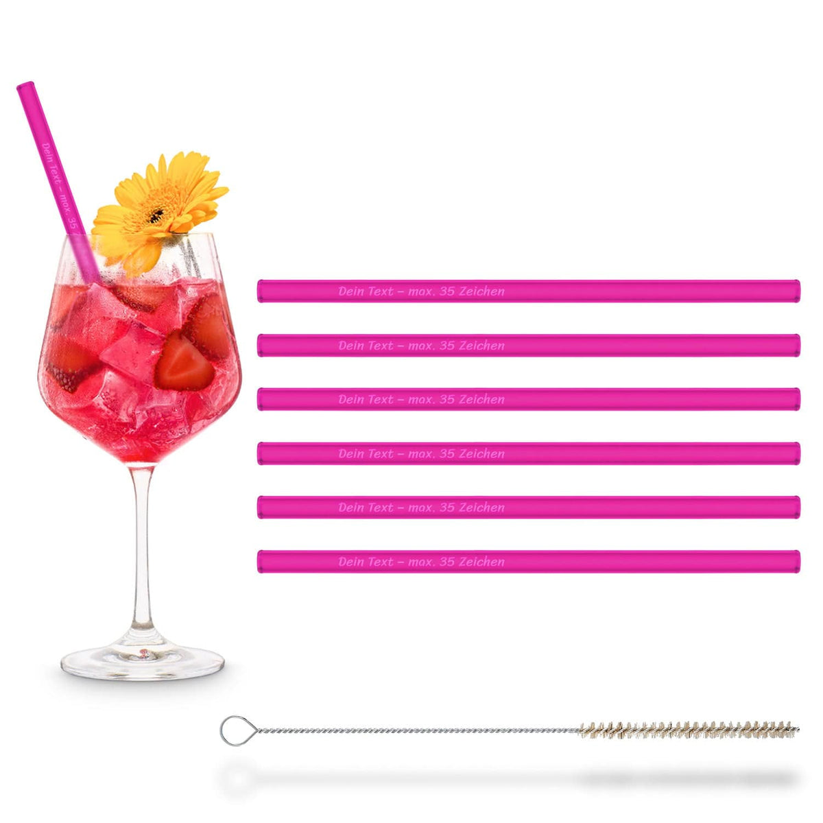 Wiederverwendbare HALM Glasstrohhalme in Neonpink in einem Lillet-Getränk mit Reinigungsbürste.