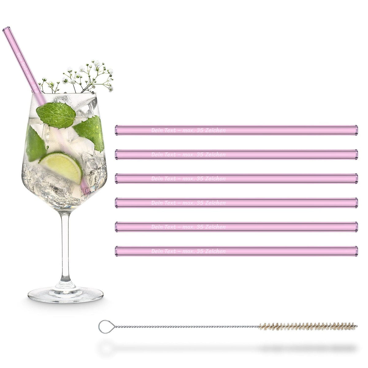 Sechs rosa wiederverwendbare HALM Glasstrohhalme in einem Hugo-Drink mit Reinigungsbürste.