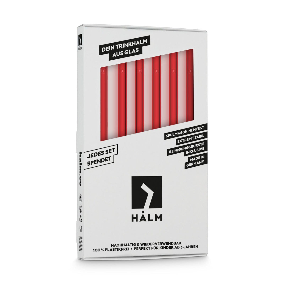 Sechs rote, wiederverwendbare HALM Glasstrohhalme in der 20 cm Variante schräg präsentiert vor ihrer nachhaltigen Verpackung.