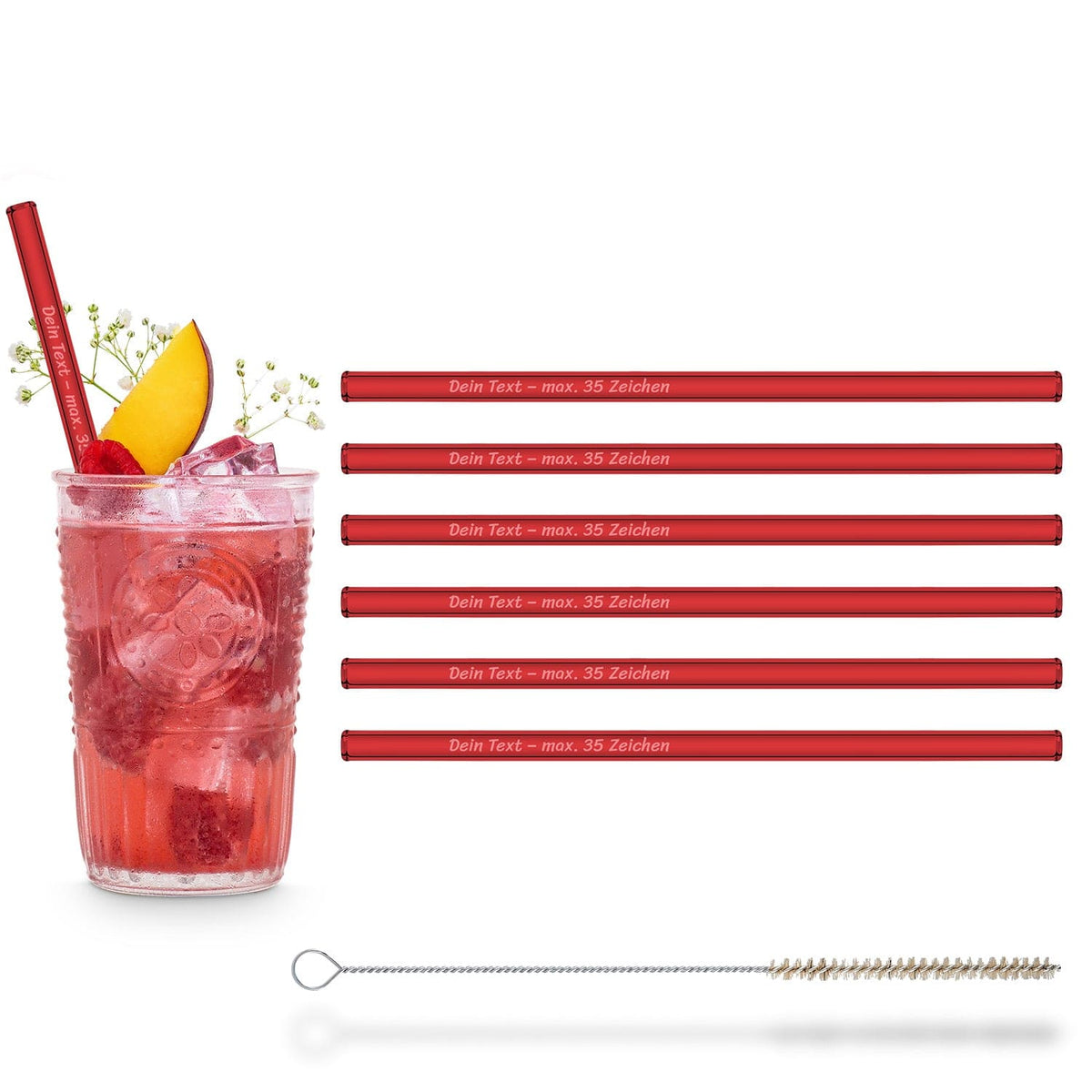 Wiederverwendbare rote HALM Glasstrohhalme im Raspberry Peach Spritz mit Reinigungsbürste