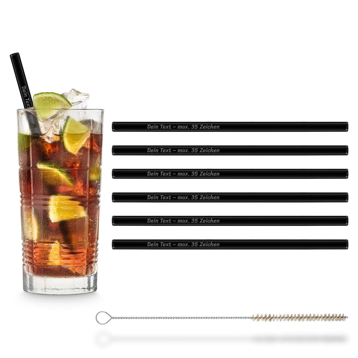 Wiederverwendbare schwarze Glasstrohhalme von HALM in einem Cuba Libre Glas inklusive Reinigungsbürste.
