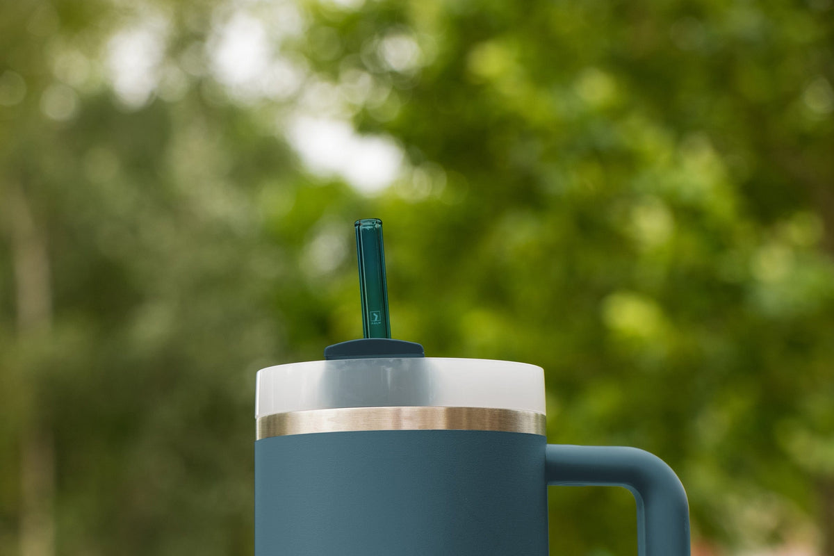 Wiederverwendbare Glasstrohhalme von HALM in Blau und Grün in einem Stanley Cup Becher.