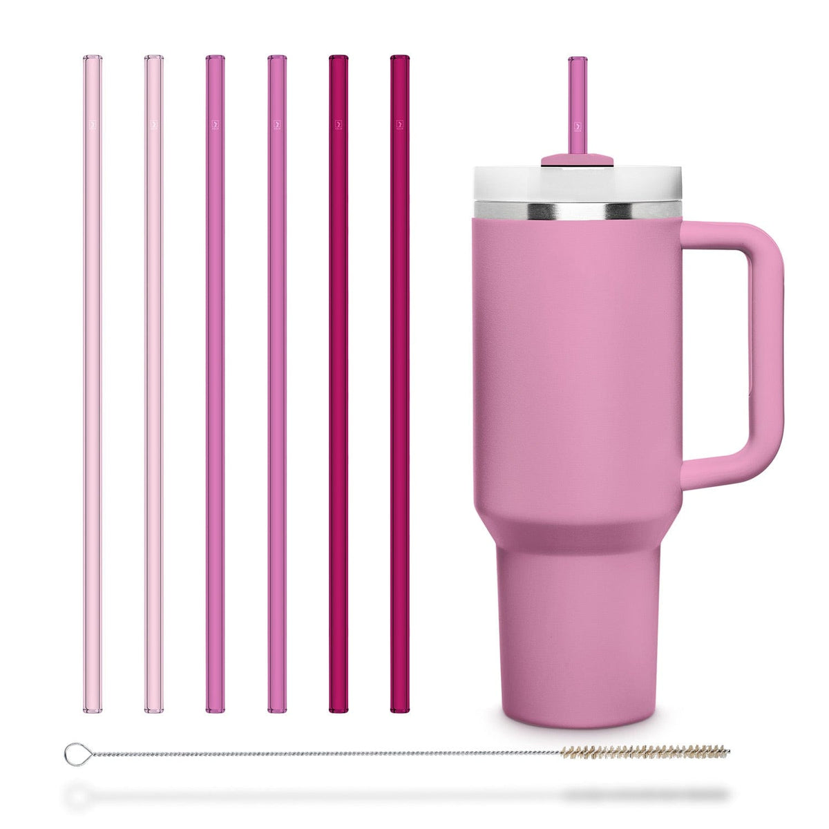 Wiederverwendbare HALM Glasstrohhalme in Rose Gold und Hellrosa in einem Stanley Cup Getränk.