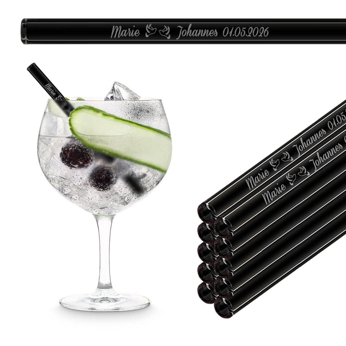 Reusable black HALM glass straws (6 inch (15 cm)) in a gin and tonic glass with ice and garnish.