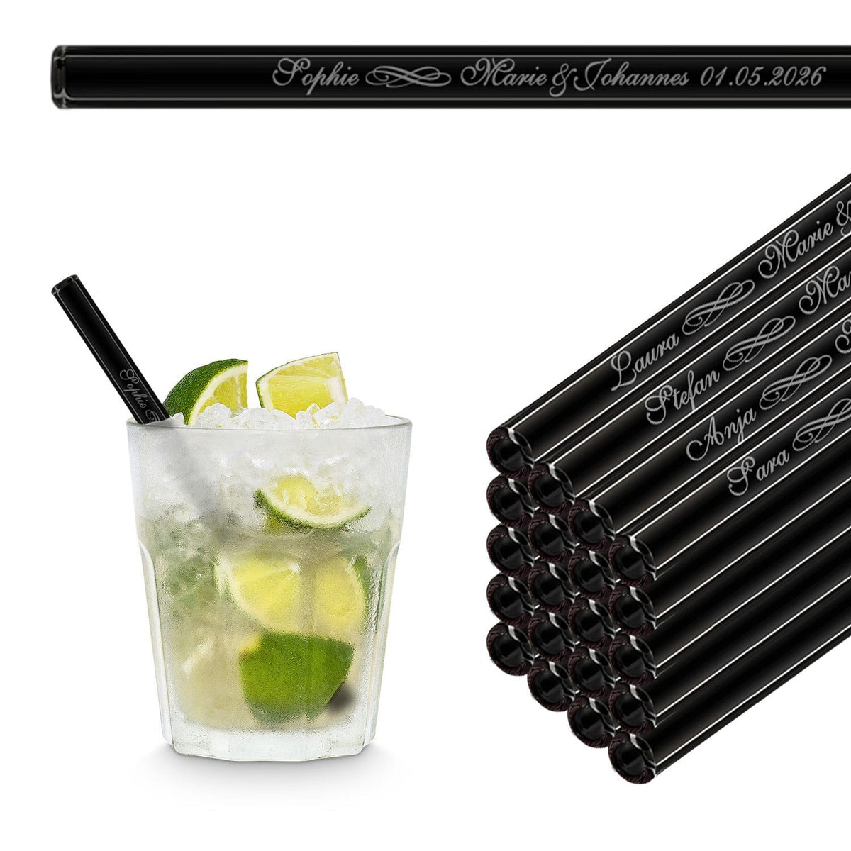 Wiederverwendbare HALM Glasstrohhalme in Schwarz (15 cm) serviert in einem Gin Tonic Glas neben einem Stapel Trinkhalme.