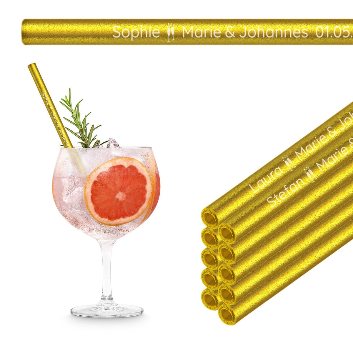 A refreshing grapefruit gin tonic with a gold HALM glass straw – sustainable, reusable glass straws for any cocktail.