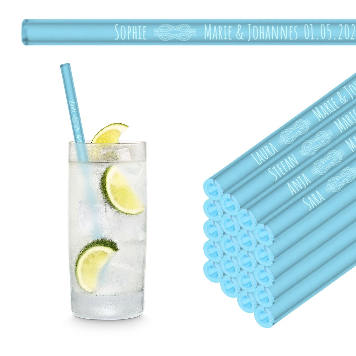 Reusable neon blue glass straws from HALM for a Skinny Bitch cocktail with grapefruit, served on a stack