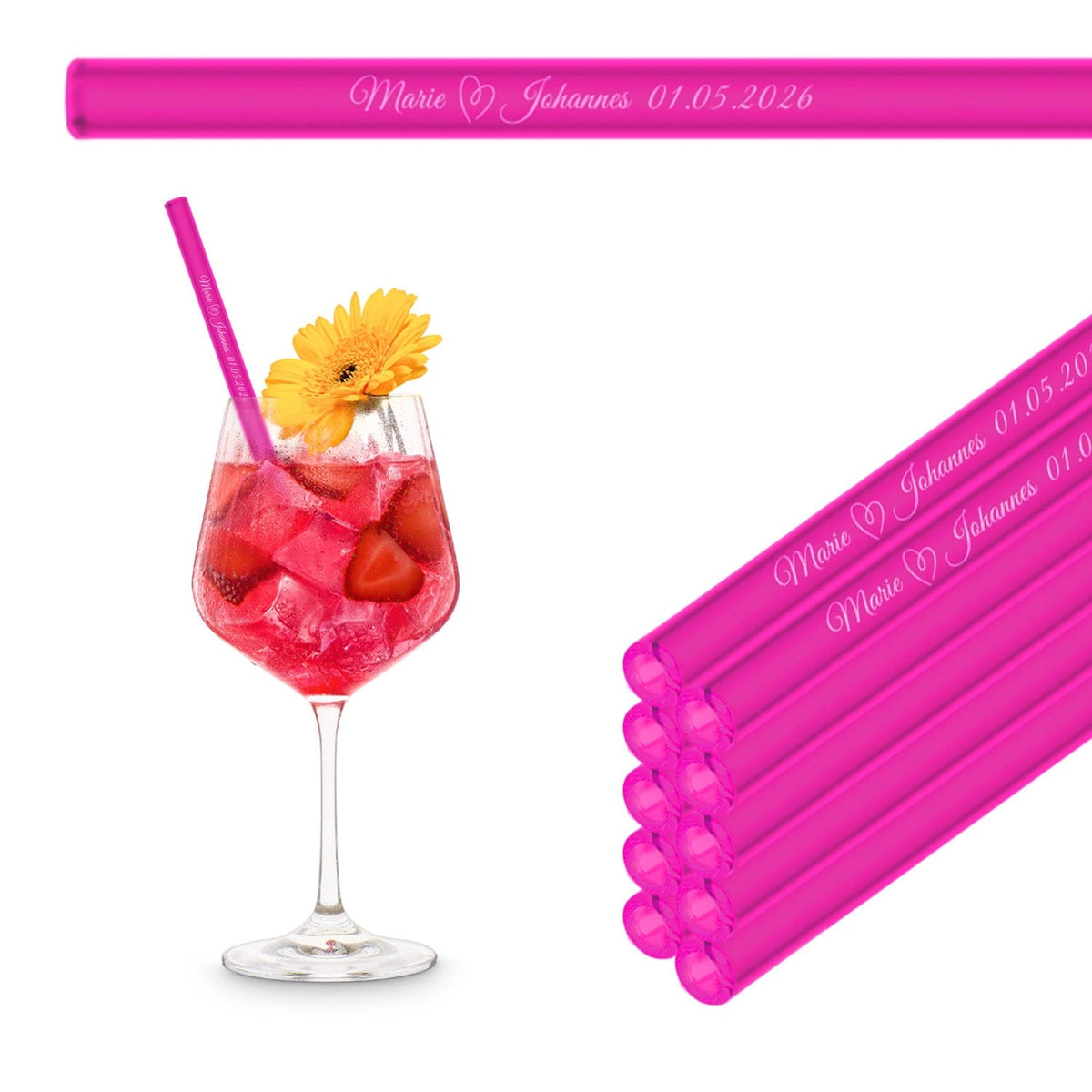 Reusable neon pink HALM glass straws, 8 inch (20 cm) long, pack of 10.