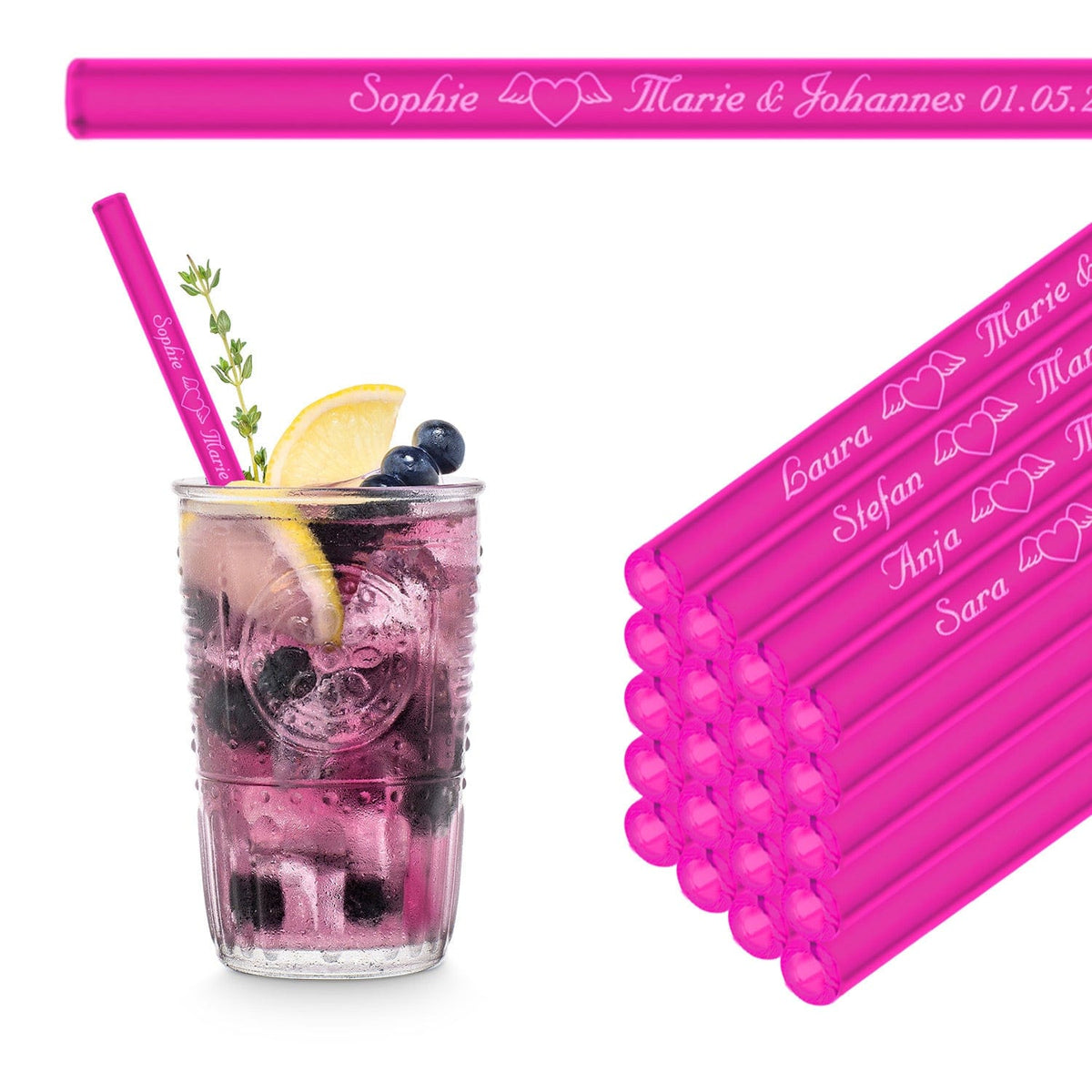 Wiederverwendbare HALM Glasstrohhalme in Neonpink 20cm Blueberry Spritz Edition