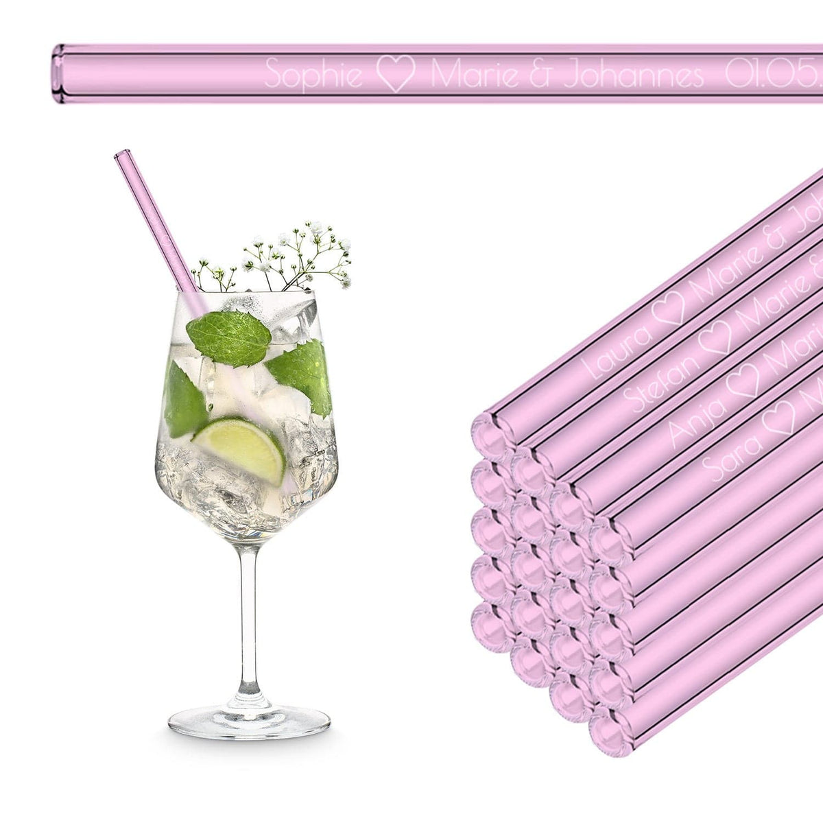 Rosa HALM Glasstrohhalme in der 20 cm Variante sind wiederverwendbar und spülmaschinenfest für nachhaltigen Genuss.
