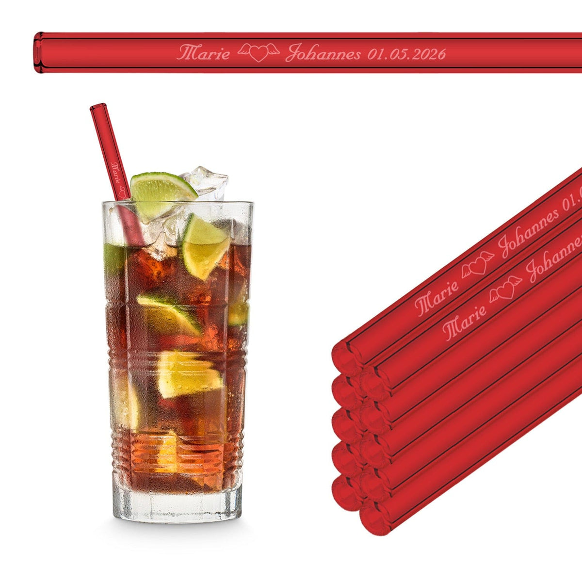 HALM Wiederverwendbare Glasstrohhalme in einem roten Glas mit einem Cuba Libre Cocktail.