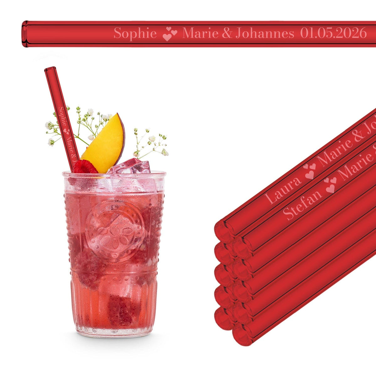 Reusable HALM glass straws in a raspberry-peach spritz drink with berries and mint.