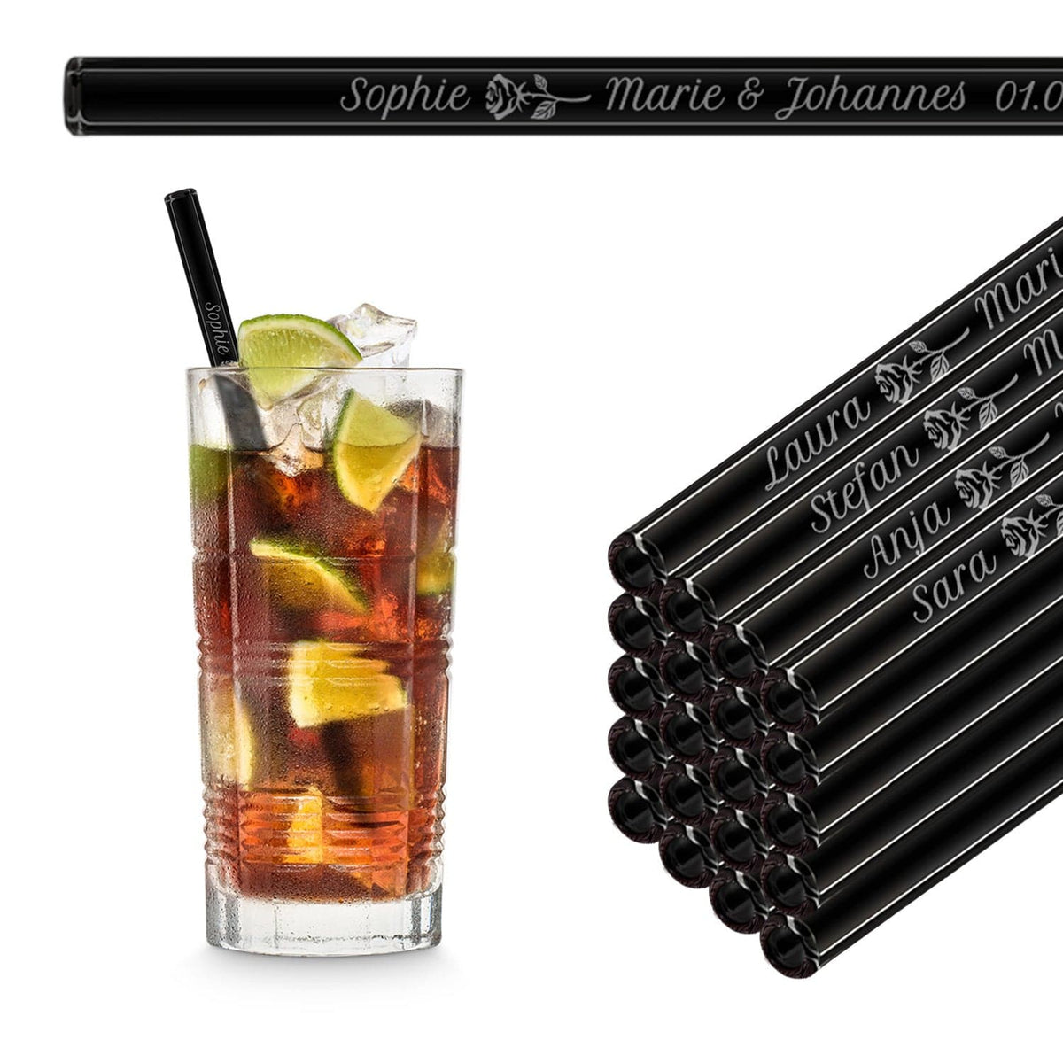 Ein Glas Cuba Libre mit Eiswürfeln und Limettenspalte, serviert mit einem schwarzen HALM Glasstrohhalm, der umweltfreundlich und wiederverwendbar ist.