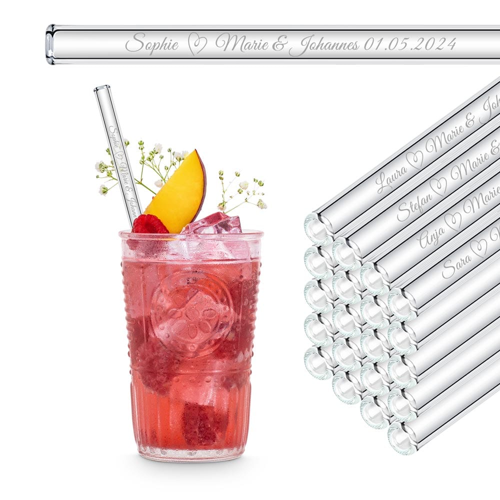 Wedding guest gift engraved glass straws with names, text & design – HALM Straws