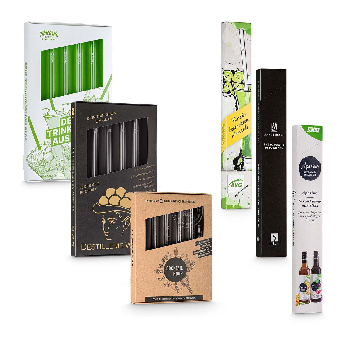 Wiederverwendbare Glasstrohhalme von HALM als nachhaltige Werbemittel mit hochwertigem Verpackungsdesign.