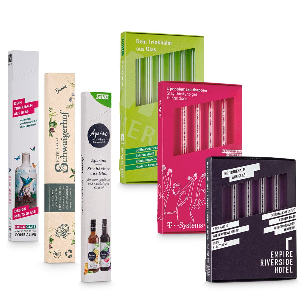 Wiederverwendbare HALM pailles en verre comme cadeaux publicitaires durables avec gravure du logo et emballage écologique.