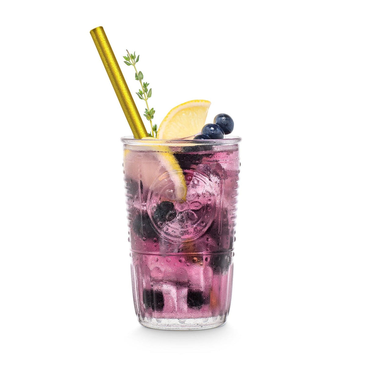 Wiederverwendbare HALM Glasstrohhalme in Gold serviert in einem Blueberry Spritz Cocktail.