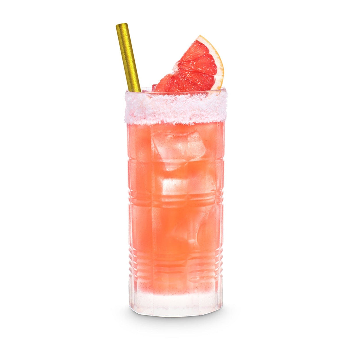 Pailles en verre réutilisables HALM, dorées et roses, pour cocktails comme le Pink Paloma, avec gravure dorée.