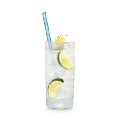 Reusable neon blue HALM glass straws in a glass for a Skinny Bitch drink