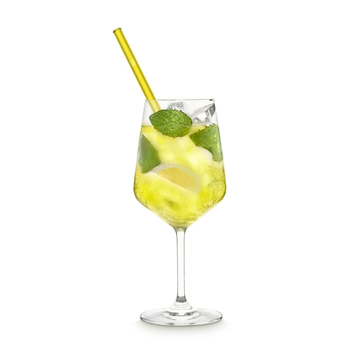Reusable HALM glass straws in neon yellow in a glass of Limoncello Spritz