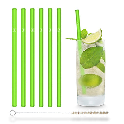 Reusable HALM glass straws in neon green, presented as a set of 6 for mojitos and cold drinks in a glass.