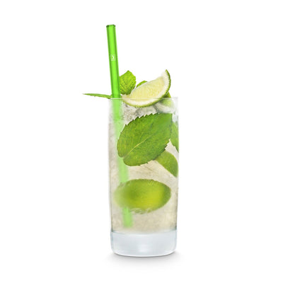 Reusable HALM glass straws in neon green for cocktails like mojitos