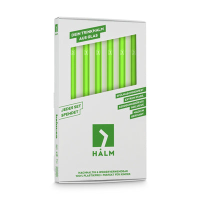 Sechs neon green HALM glass straws in packaging, offering an eco-friendly alternative as sustainable, reusable drinking straws.