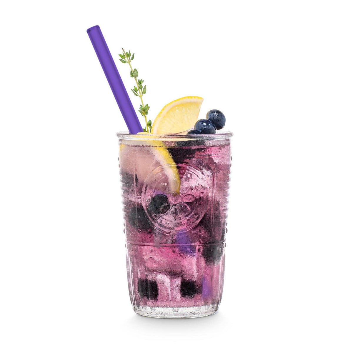 Wiederverwendbare HALM Glasstrohhalme in der Farbe Neonlila Blueberry Spritz in einem Glas serviert