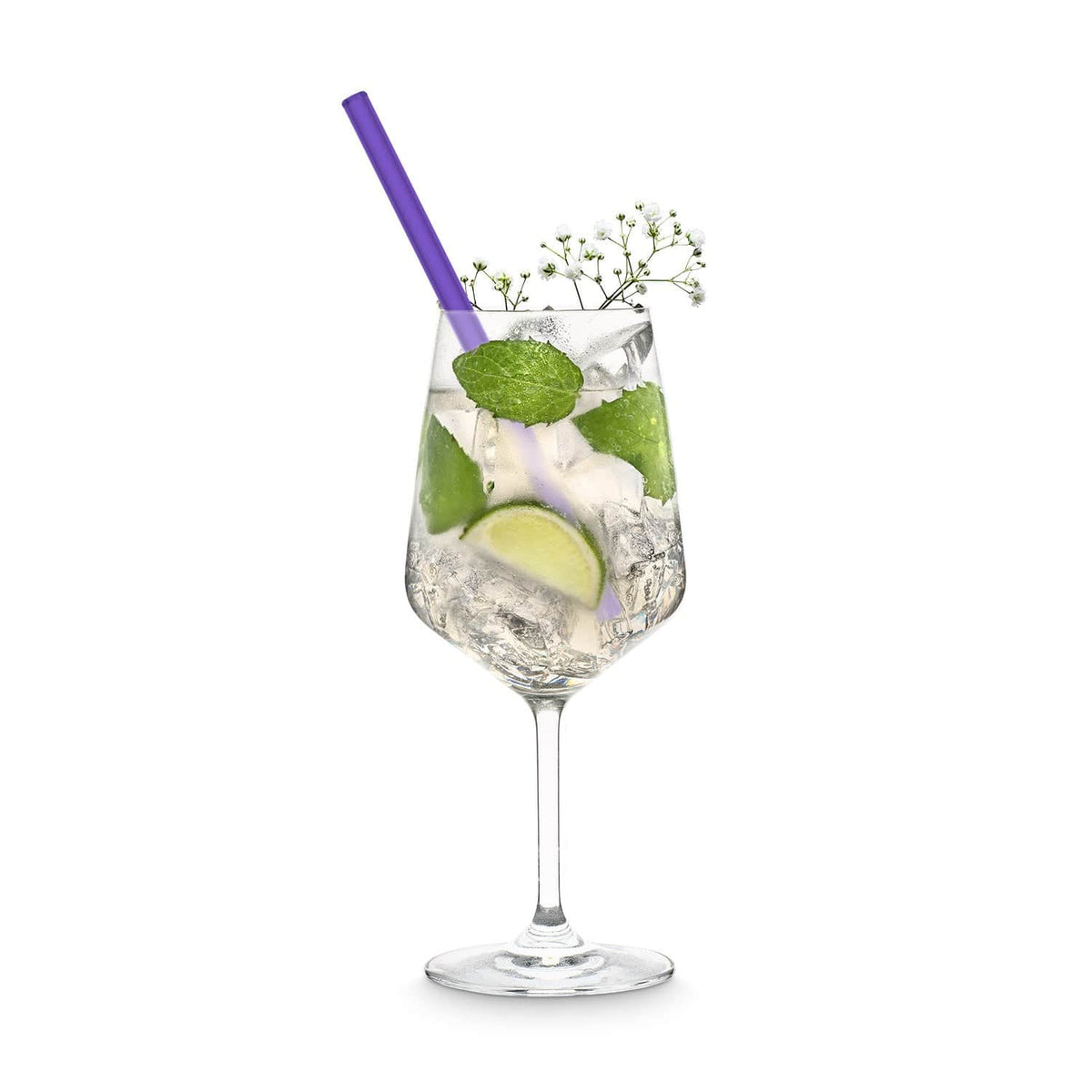 Wiederverwendbare HALM Glasstrohhalme in der Farbe Neonlila für einen Hugo Cocktail in einem Weinglas mit Minze und Limette.