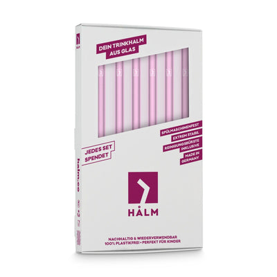 Set of 6 pink shiny 8 inch (20 cm) HALM glass straws in packaging – sustainable and reusable.