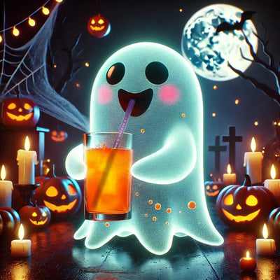 Un motif d’Halloween effrayant avec un fantôme à côté d’une bouteille et de pailles en verre HALM réutilisables.