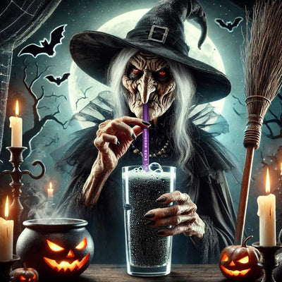 Pailles en verre HALM réutilisables avec un motif sorcière d’Halloween.