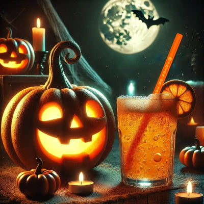 Pailles en verre HALM réutilisables dans une boisson froide automnale, à côté d’une citrouille décorative d’Halloween.