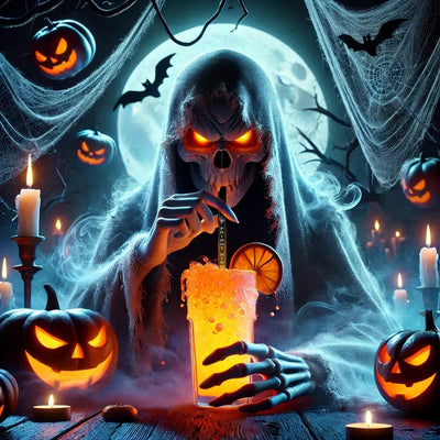 Pailles en verre réutilisables HALM dans une décoration d’Halloween d’ambiance avec un motif de faucheuse.
