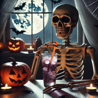 Pailles en verre HALM réutilisables dans un décor d’Halloween automnal avec un squelette et des citrouilles.