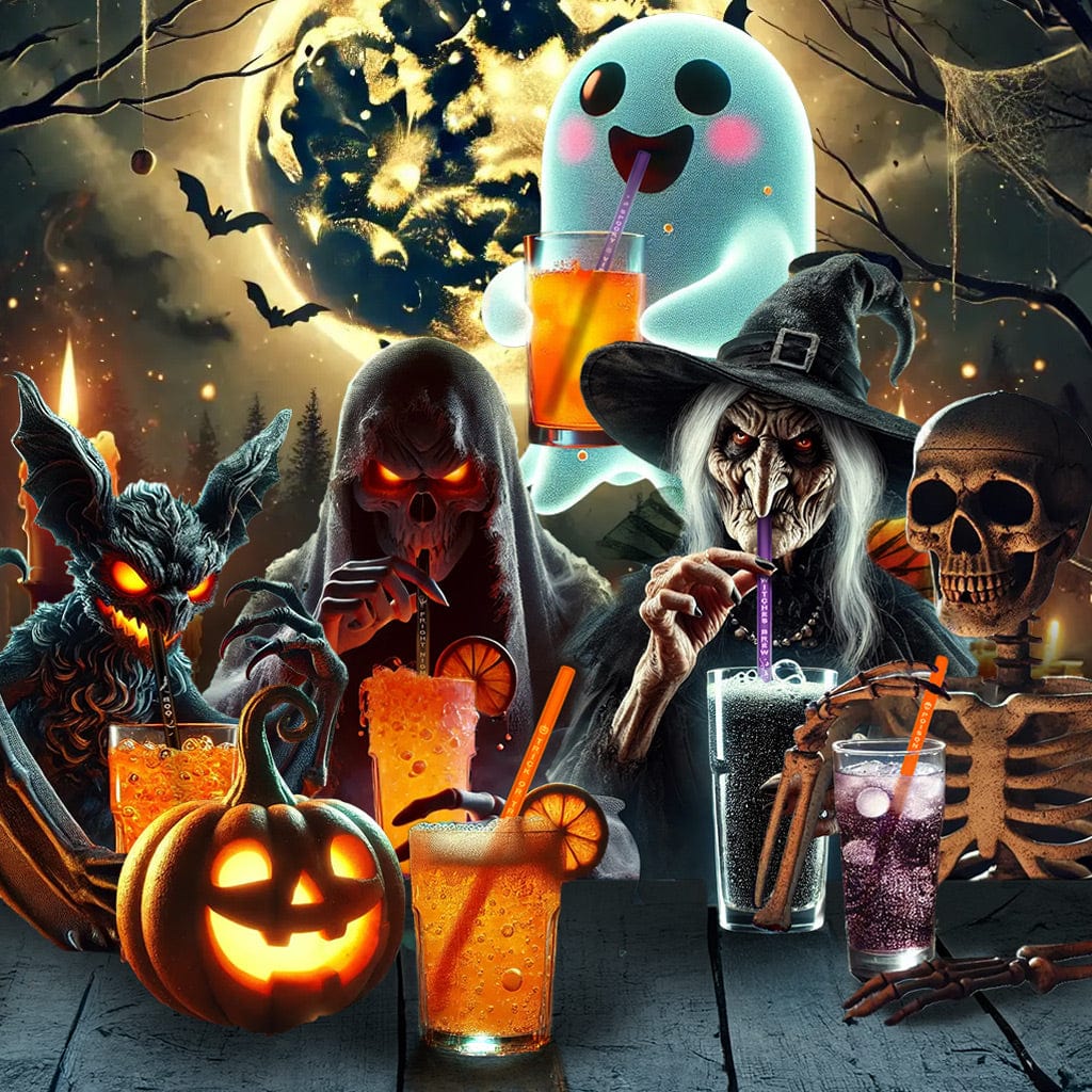 Table d'Halloween joliment dressée avec des pailles en verre réutilisables HALM pour un dîner effrayant.