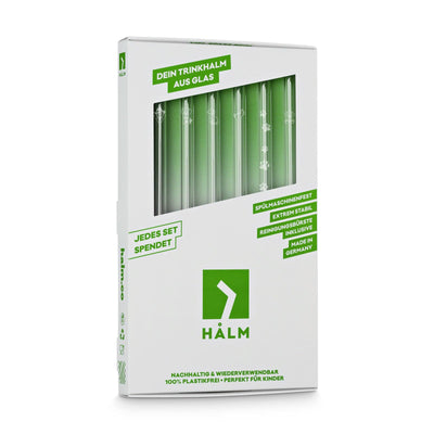 Pailles en verre HALM réutilisables, lot de 6, 20 cm, dans un emballage durable, photographiées en biais