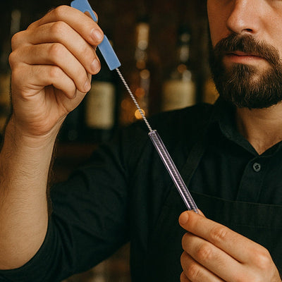 HALM Reinigungsbürste für wiederverwendbare Glasstrohhalme in einer Gastronomie-Umgebung
