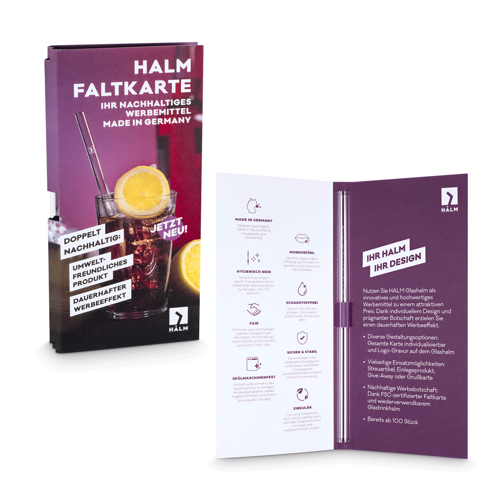 Pailles en verre HALM réutilisables présentées sur une carte pliée pour des cadeaux publicitaires personnalisés et des cadeaux d’entreprise.