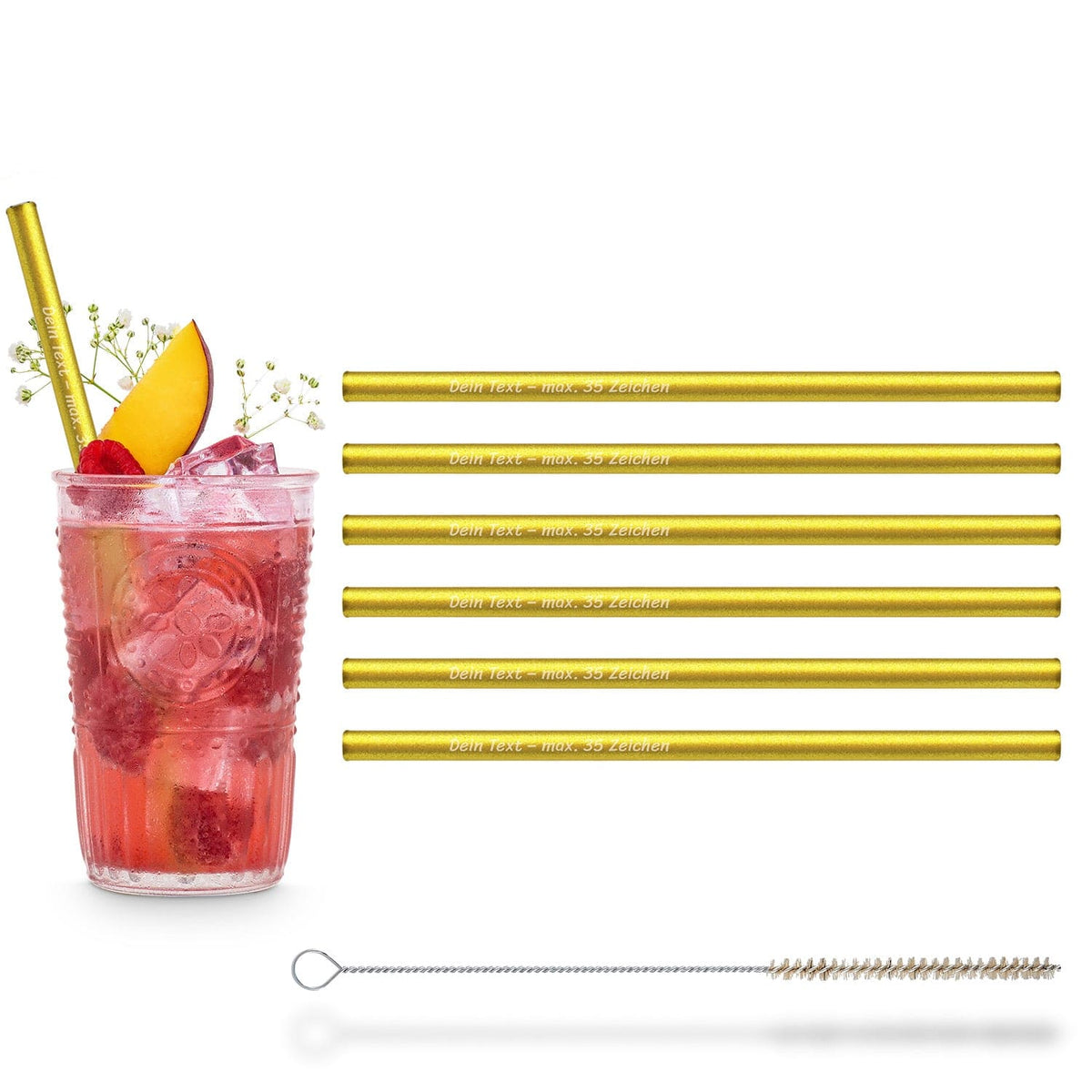 Wiederverwendbare HALM Glasstrohhalme in Gold (20 cm) in einem Raspberry Peach Spritz mit Reinigungsbürste